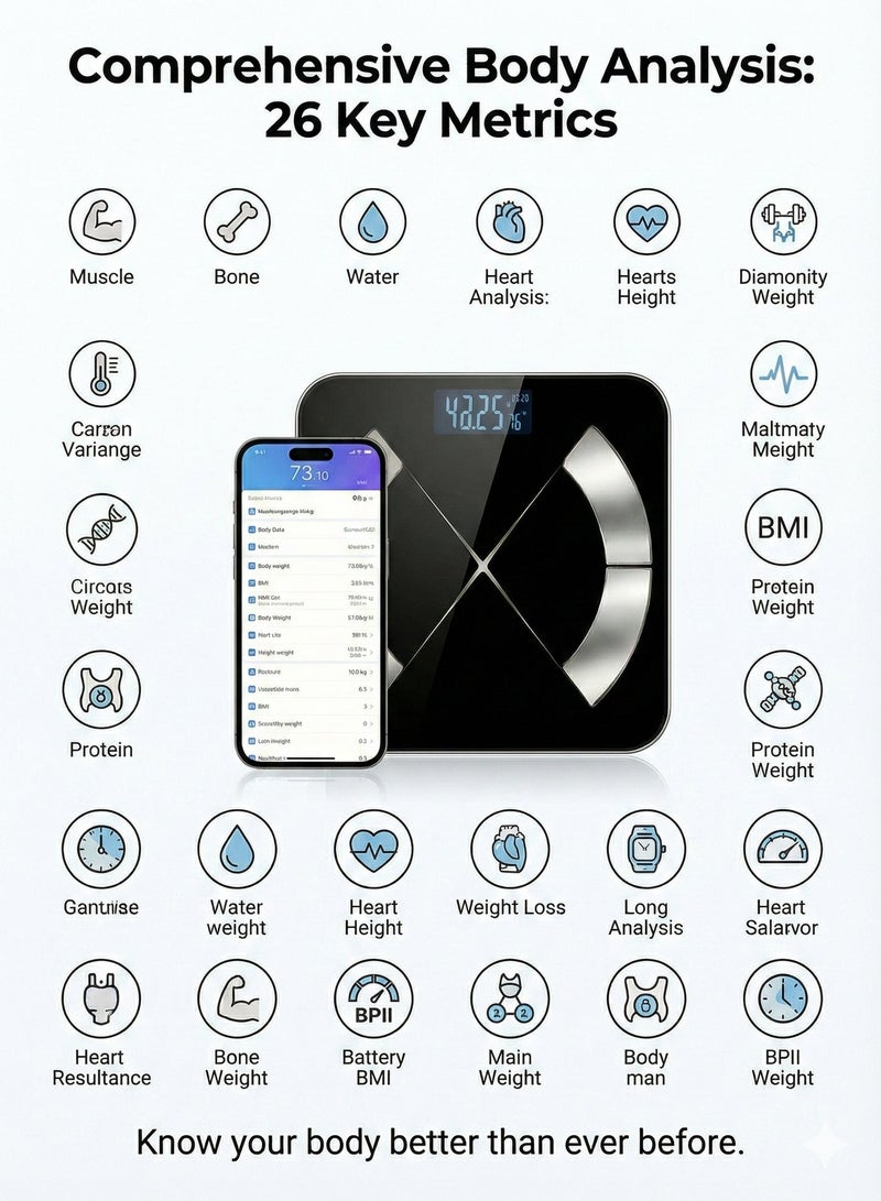 Yaqeen Smart Body Fat Scale Rechargeable Type-C with 26 Body Composition Metrics High Precision 50g Sensor Bluetooth App Monitor for BMI/Weight/Fat Black - Image 4